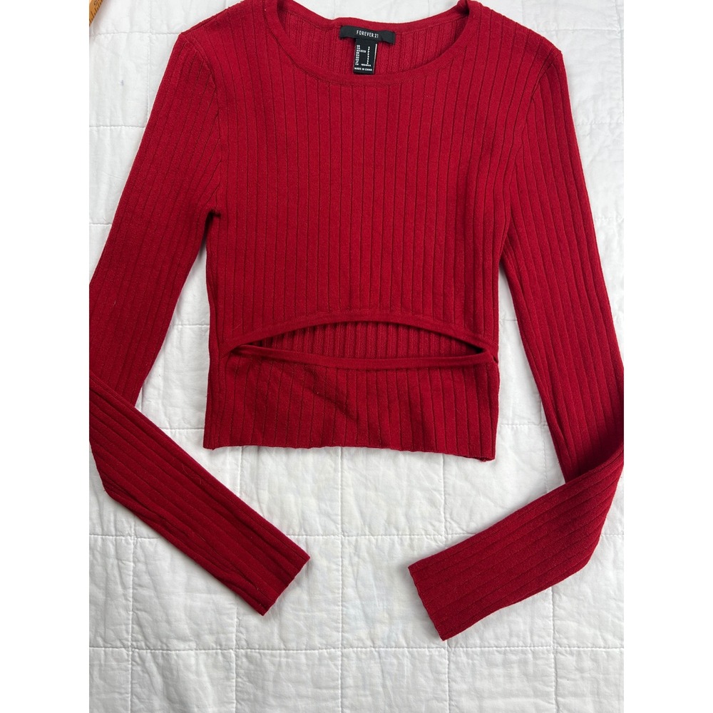 Forever 21 Red Ribbed‎ Cutout Long Sleeve Cropped Sweater Top Size S